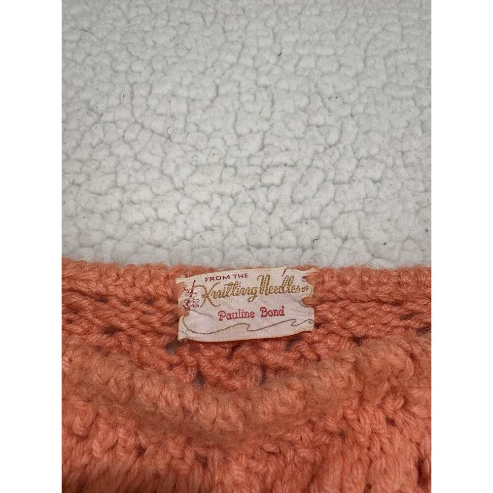 Vintage Hand Knit Dress Salmon Coral Open Crochet Drop Waist Dress Chunky Ruffle - Picture 2 of 5